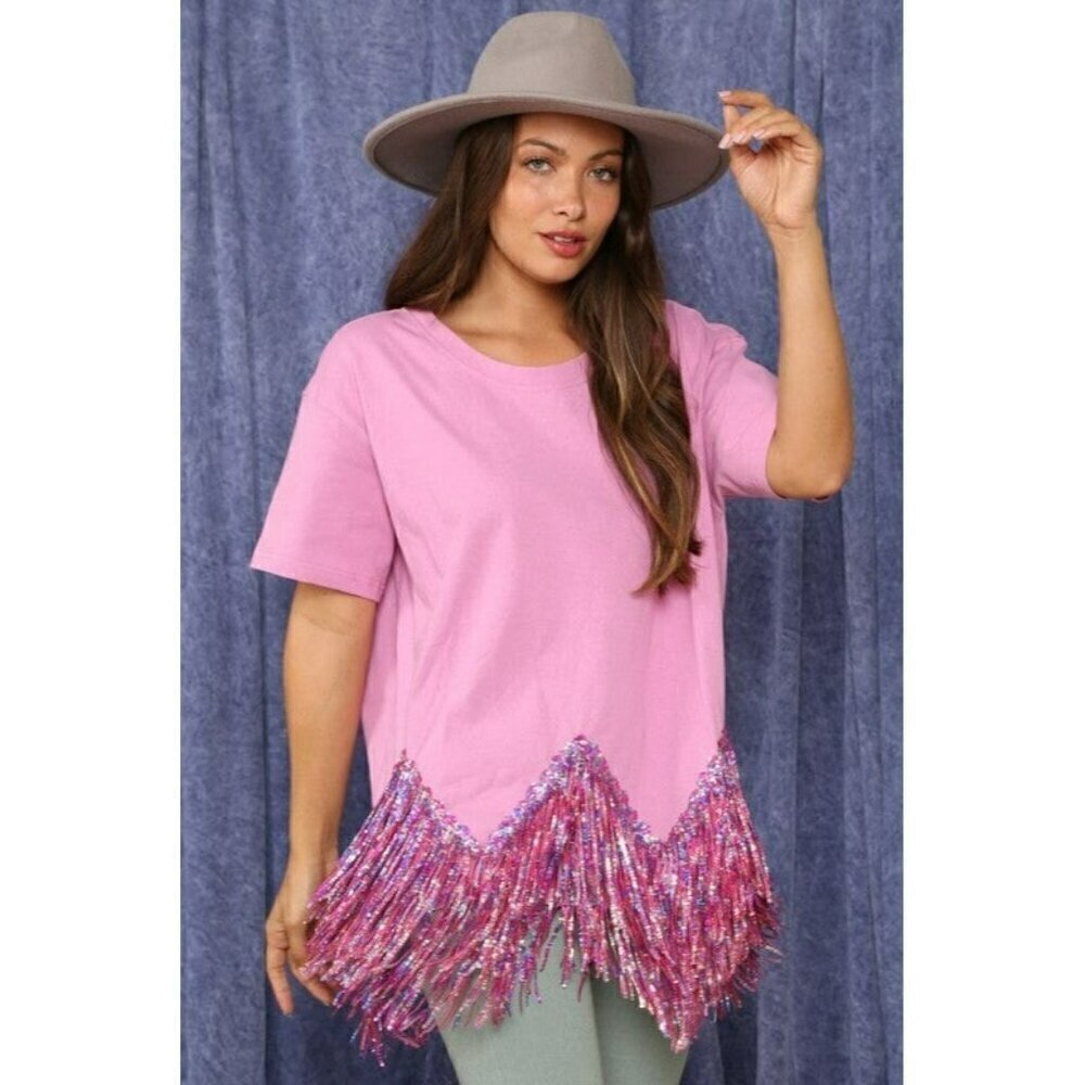 Here for the Fringe Chevron Sequin Top in Lavender - Picture 3 of 10